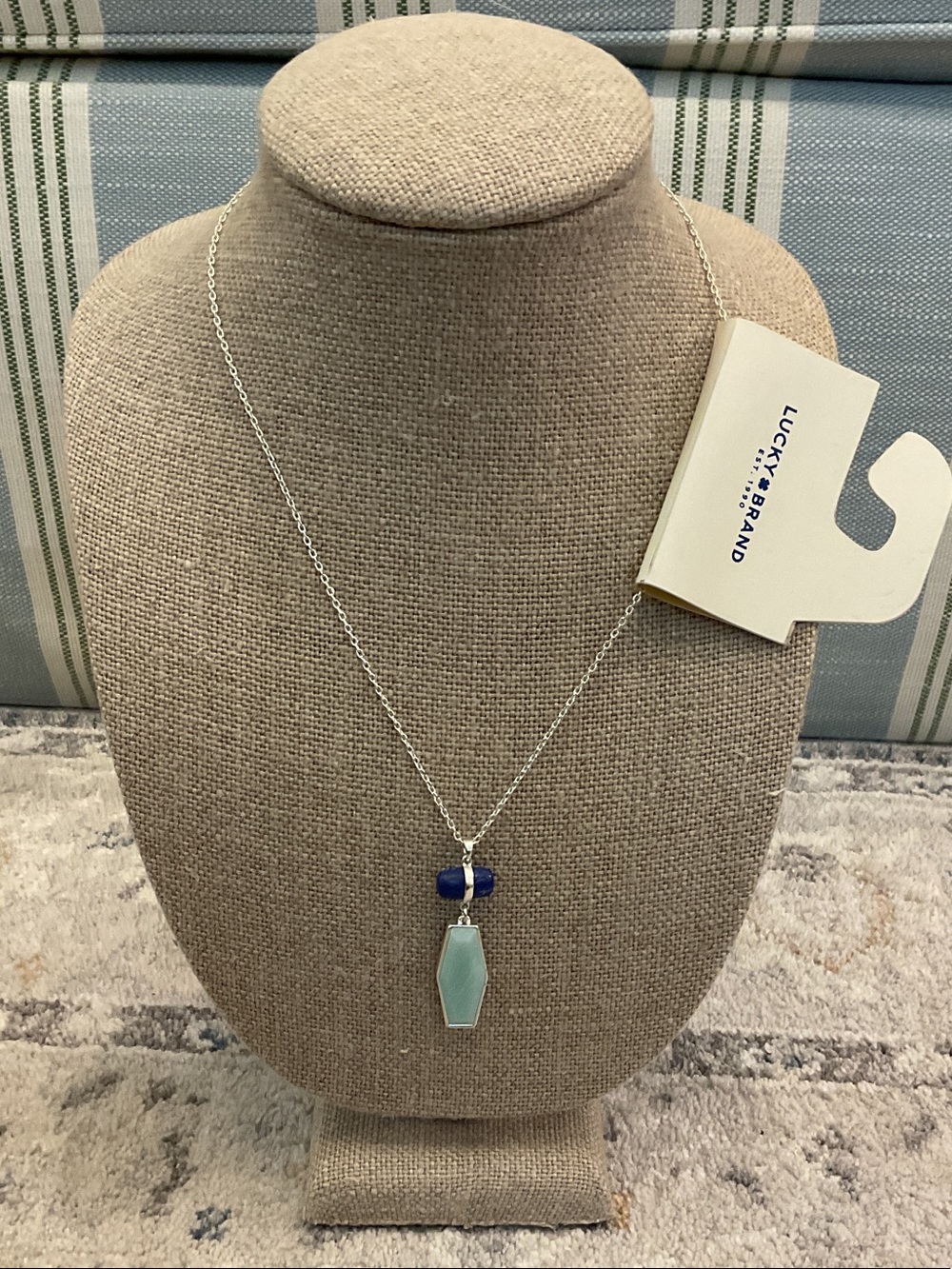Lucky Brand Silver Necklace with Dark Blue and Aqua Pendant
